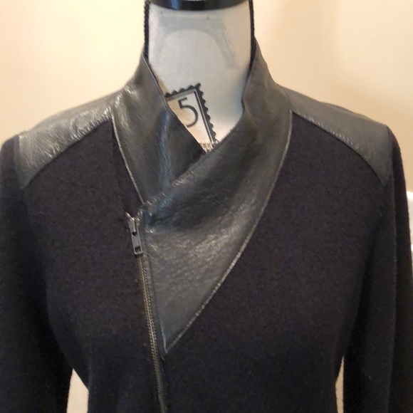 Eileen Fisher asymmetrical zip leather trim jacket - Picture 2 of 13